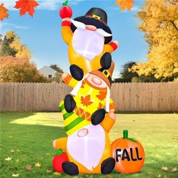 6FT Thanksgiving Inflatables Decorations Blow Up Three Gnomes with Pumpkin - Picture 6 of 7